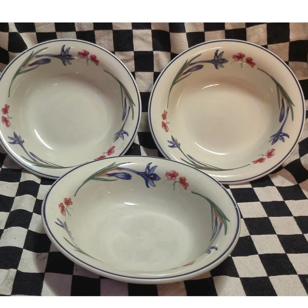 Forever Spring Stoneware Cereal Soup Bowls Set of 3 Floral Blue Iris Pink Flower